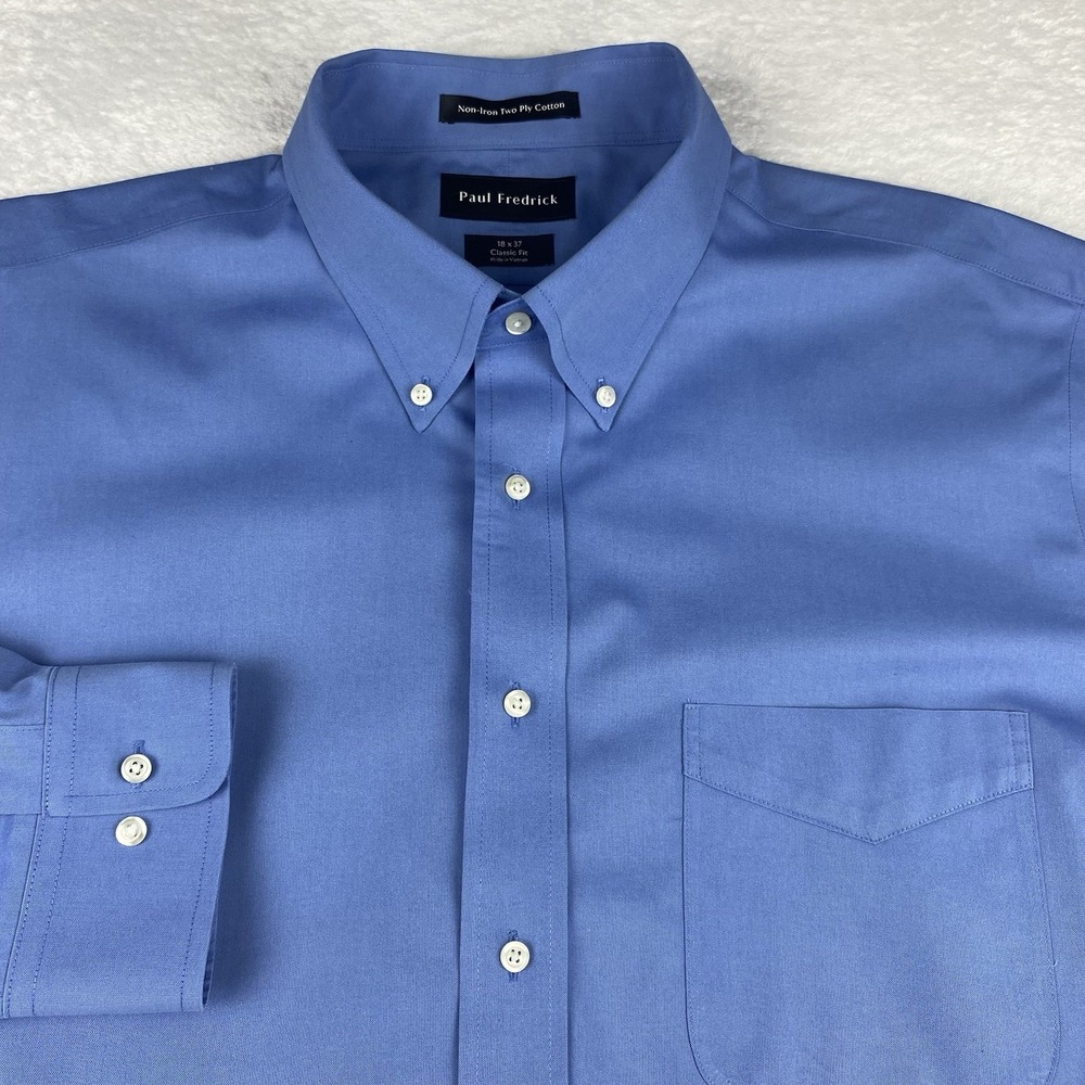 Paul Fredrick Dress Shirt Mens 18-37 Blue Classic Fit No Iron